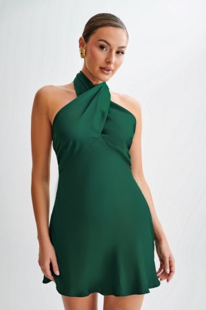 Women's Meshki Francine Satin Halter Mini Dress Green Australia | P6O-0106