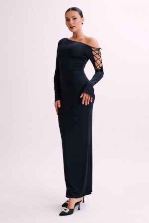 Women's Meshki Gabby Tie Sleeve Slinky Maxi Dress Black Australia | K4Q-1818