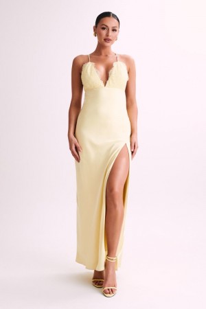 Women's Meshki Gina Satin Slip Lace Maxi Dress Lemon Australia | K0G-8545