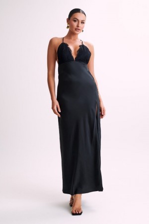 Women's Meshki Gina Satin Slip Lace Maxi Dress Black Australia | S2Z-9719