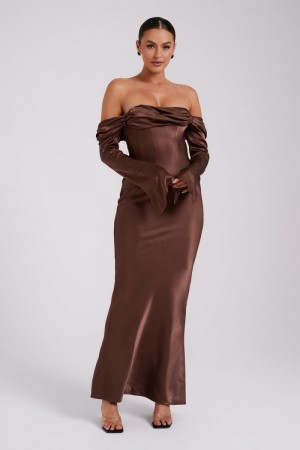 Women's Meshki Giselle Off Shoulder Cowl Neck Maxi Dress Brown Australia | K0E-0281