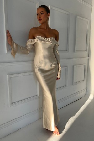 Women's Meshki Giselle Off Shoulder Cowl Neck Maxi Dress Gold Australia | H9T-9556