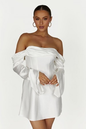 Women's Meshki Giselle Off Shoulder Satin Mini Dress White Australia | N4E-9134