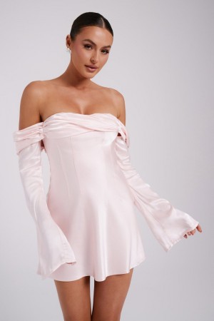 Women's Meshki Giselle Off Shoulder Satin Mini Dress Rose Australia | S0Z-2644