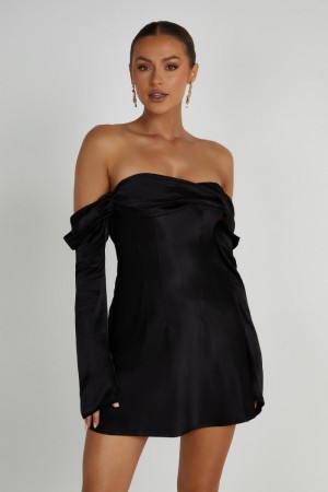 Women's Meshki Giselle Off Shoulder Satin Mini Dress Black Australia | V1M-6717