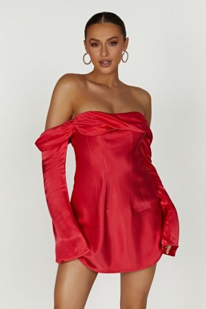 Women's Meshki Giselle Off Shoulder Satin Mini Dress Red Australia | W6D-7785