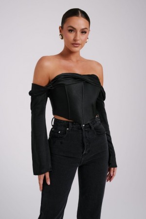 Women's Meshki Giselle Satin Off Shoulder Tops Black Australia | W5N-5743