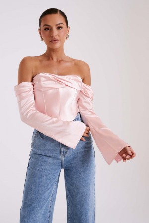 Women's Meshki Giselle Satin Off Shoulder Tops Pink Australia | U1T-6740