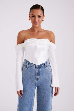 Women's Meshki Giselle Satin Off Shoulder Tops White Australia | O1U-0772