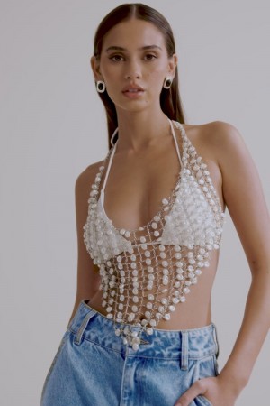 Women's Meshki Gretchen Pearl Halter Tops White Australia | U6Y-2930