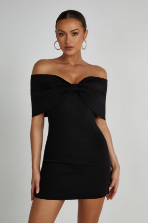 Women's Meshki Gwyneth Off Shoulder Bow Mini Dress Black Australia | J3Y-3835