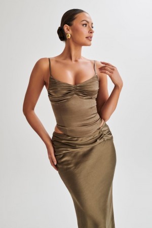 Women's Meshki Harlee Satin Corset Top Straps Midi Dress Khaki Australia | W8J-7285