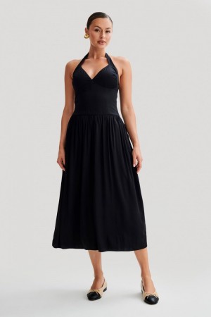 Women's Meshki Harriette Halter Midi Dress Black Australia | I3B-6350