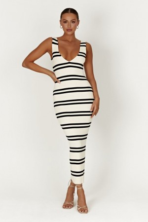 Women's Meshki Henrietta Stripe Knit Maxi Dress Black / White Australia | A2A-5940