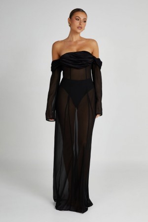 Women's Meshki Ivanna Off Shoulder Chiffon Maxi Dress Black Australia | M0P-1869