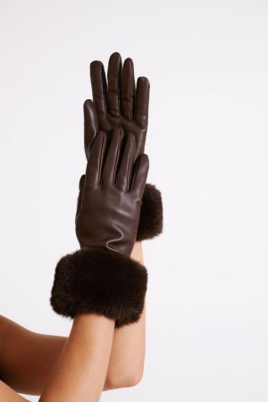 Women's Meshki Jessabel Faux Leather Fur Trim Gloves Dark Brown Australia | I9M-2364