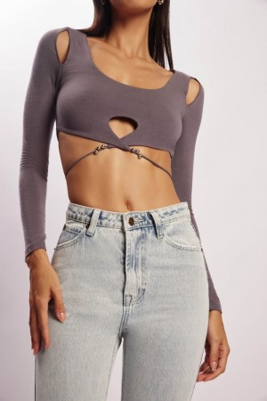 Women's Meshki Jessie Long Sleeve Cut Out Crop Tops Deep Grey Australia | U5Z-4205