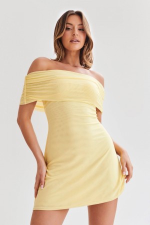 Women's Meshki Josie Off Shoulder Mesh Mini Dress Lemon Australia | S6C-2033