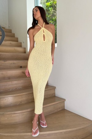 Women's Meshki Kahali Boucle Halter Midi Dress Light Yellow Australia | I4R-5391