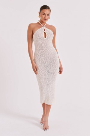 Women's Meshki Kahali Boucle Halter Midi Dress Cream Australia | L8J-5437