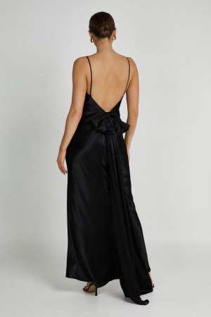 Women's Meshki Kailey Low Back Detachable Bow Train Maxi Dress Black Australia | O8I-8723