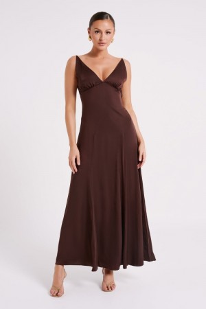 Women's Meshki Kamala Low Back Satin Maxi Dress Dark Chocolate Australia | K6N-7756