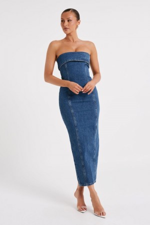 Women's Meshki Katherine Strapless Denim Midi Dress Dark Blue Australia | K9P-7927