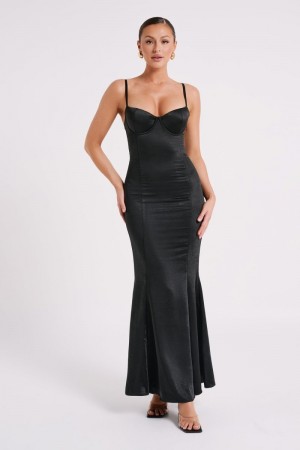 Women's Meshki Katya Cupped Satin Maxi Dress Black Australia | X1F-5883