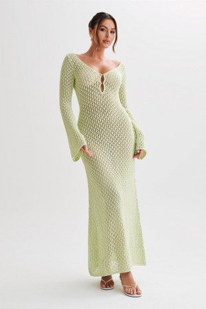 Women's Meshki Kayleigh Crochet Fishtail Flare Sleeve Maxi Dress Green Australia | V2M-5990