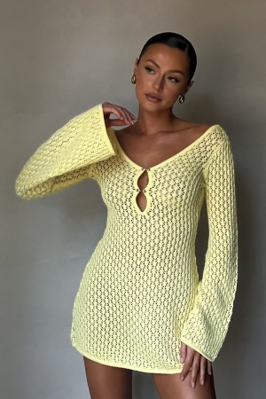 Women's Meshki Kayleigh Crochet Knit Mini Dress Lemon Australia | R9V-7787