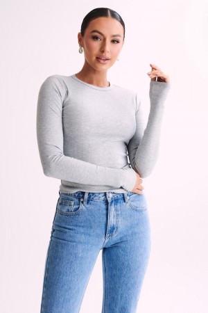 Women's Meshki Keeley Long Sleeve Rib Crop Tops Grey Australia | C0I-8360