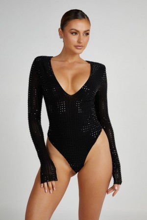 Women's Meshki Keenan Square Diamante Bodysuit Black Australia | W2U-3355