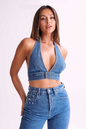 Women's Meshki Kelly-Anne Denim Halter Tops Blue Australia | L6E-8563