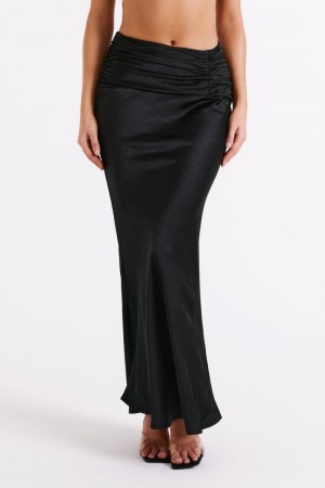 Women's Meshki Khalani Ruched Satin Maxi Skirts Black Australia | J8Q-6411