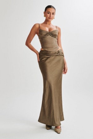 Women's Meshki Khalani Ruched Satin Maxi Skirts Khaki Australia | H4O-9979