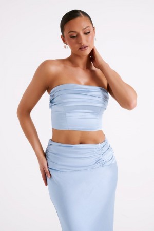 Women's Meshki Khalani Ruched Strapless Satin Tops Blue Australia | J1M-2718