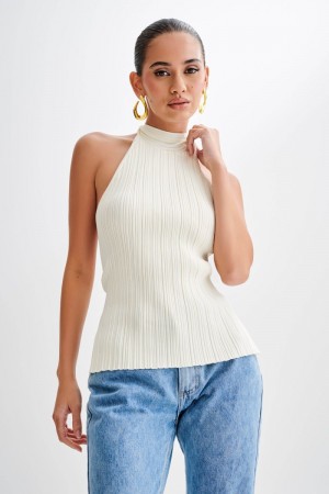 Women's Meshki Laila Longline Halter Rib Knit Tops White Australia | J9B-0849