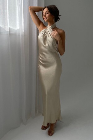 Women's Meshki Laura Halter Satin Gown Wedding Dress Gold Australia | M4A-9680