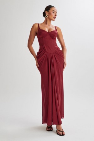 Women's Meshki Leila Satin Corset Maxi Dress Dark Red Australia | G9D-5041