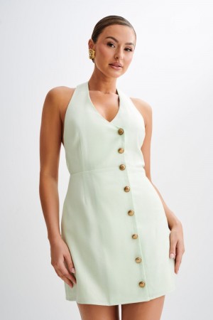 Women's Meshki Lorraine Linen Halter Mini Dress Mint Australia | L7A-5019