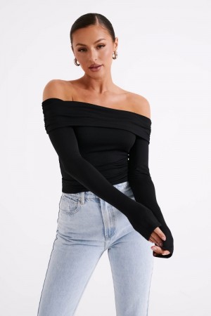 Women's Meshki Lucinda Recycled Nylon Off Shoulder Tops Black Australia | T6M-2249