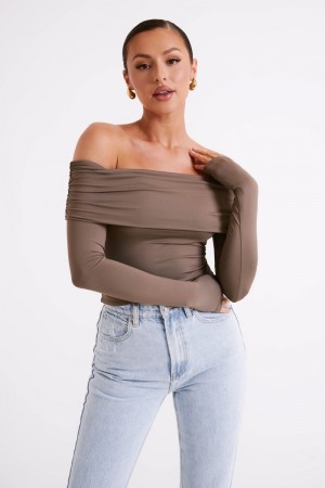 Women's Meshki Lucinda Recycled Nylon Off Shoulder Tops Chocolate Australia | U1R-3046