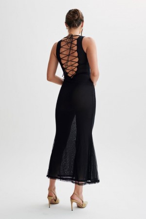 Women's Meshki Maeva Embroidered Mesh Maxi Dress Black Australia | R4J-3538