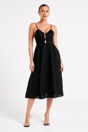 Women's Meshki Magdelena Cut Out Linen Midi Dress Black Australia | K2Z-8395