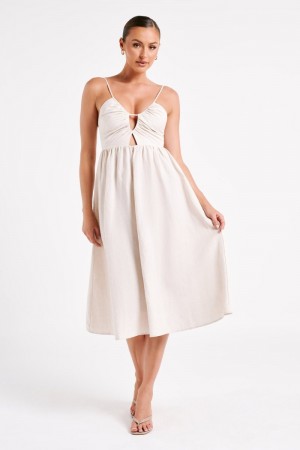 Women's Meshki Magdelena Cut Out Linen Midi Dress White Australia | D8I-6085