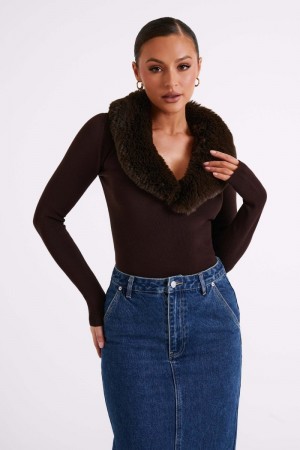 Women's Meshki Maieve Fur Trim Knit Tops Dark Brown Australia | K6T-8225