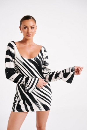 Women's Meshki Marta Printed Satin Mini Dress White / Black Australia | D6X-4933