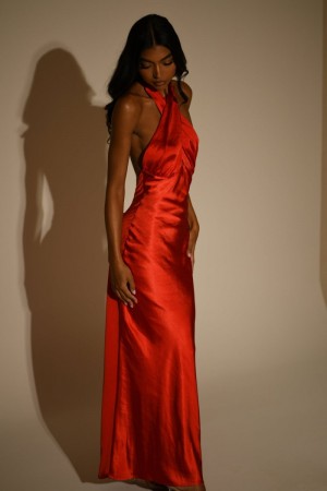 Women's Meshki Marvelle Satin Halter Maxi Dress Red Australia | B0D-5067