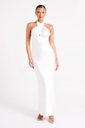 Women's Meshki Marvelle Satin Halter Maxi Dress White Australia | F2J-9736