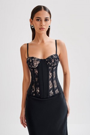 Women's Meshki Maryse Satin And Lace Top Corset Black Australia | Q7O-6410